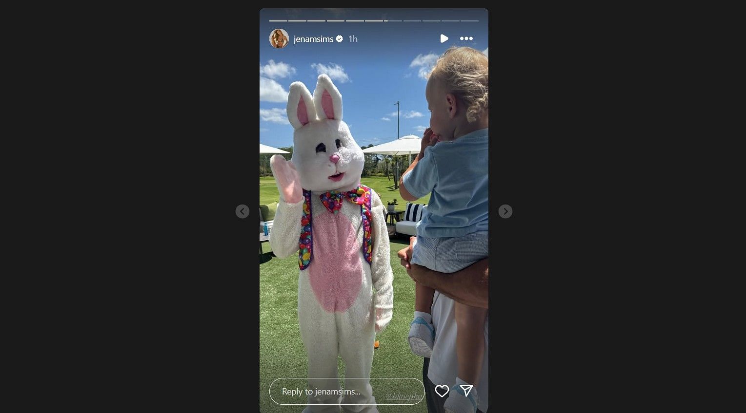 Sims&#039; story of a person in an Easter Bunny costume -Source: via @jenamsims on Instagram