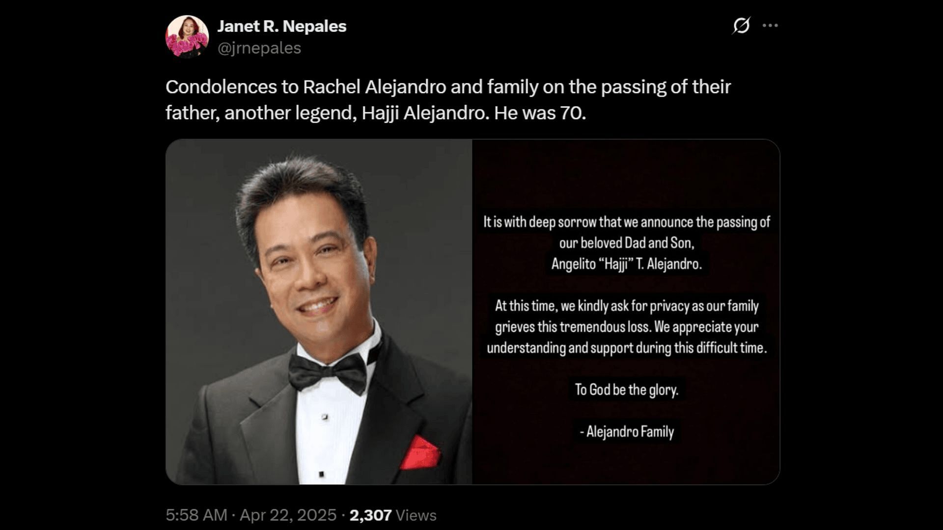 A netizen pays tribute to Hajji Alejandro. (Image via X)