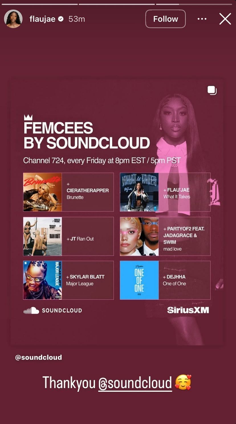 $1.5M NIL-valued Flau&rsquo;jae Johnson expresses gratitude for getting featured as top female rapper on a weekly radio show - Image source: Instagram/flaujae