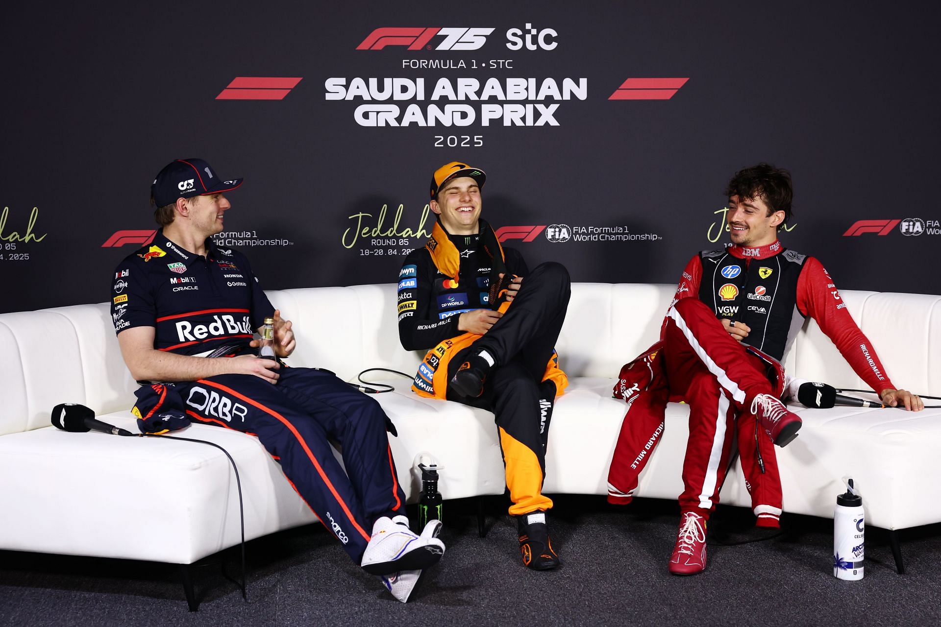 Max Verstappen, Oscar Piastri and Charles Leclerc - Saudi FP post-race press conference- Source: Getty