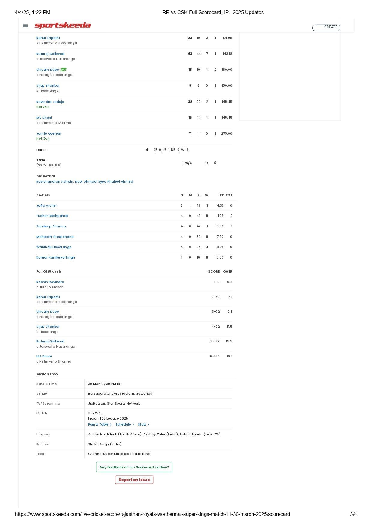 CSK vs RR IPL 2025 scorecard.