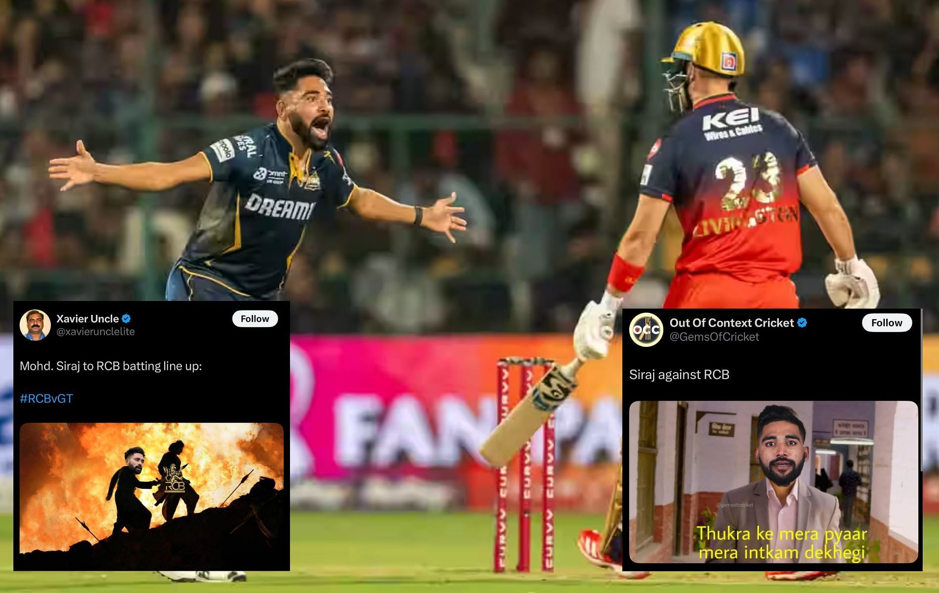 Mohammed Siraj registered his best IPL figures in Bengaluru. (Pics: iplt20.com/X/@GemsOfCricket/@xavierunclelite).