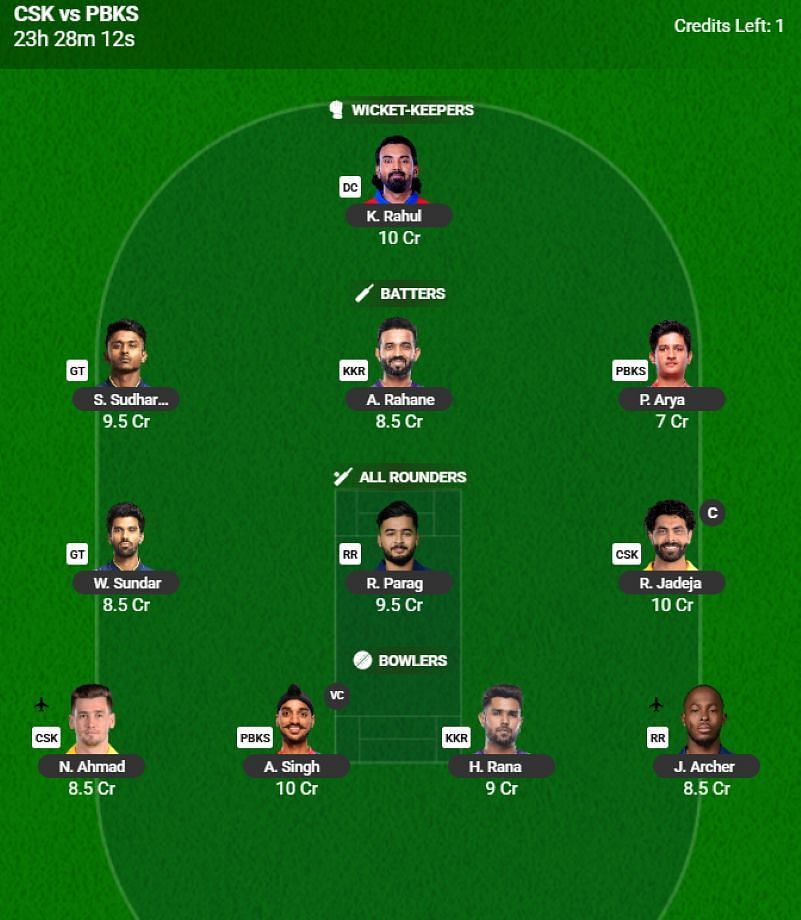 IPL 2025 Fantasy Team for Match 49 - CSK vs PBKS