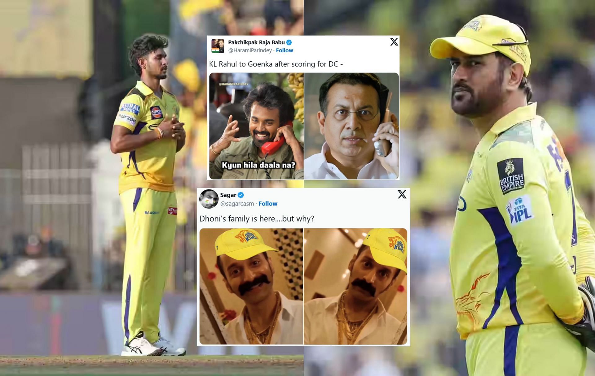 Fans react after 1st innings of CSK vs DC clash. (Images: X - bcci.tv, X - @sagarcasm, @HaramiParindey)