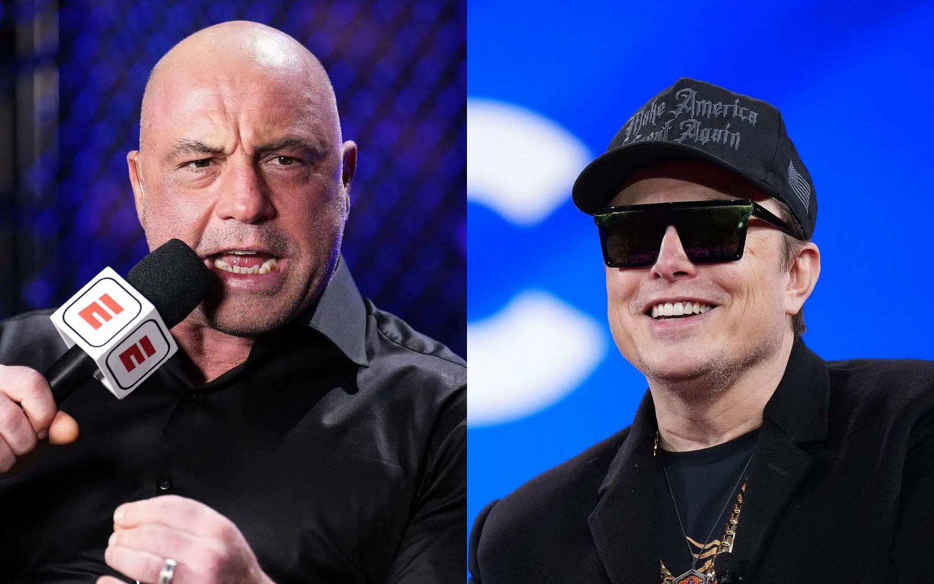 Elon Musk (right) spotlights the moment when Joe Rogan (left) praised Tesla [Images courtesy: @ Getty Images]