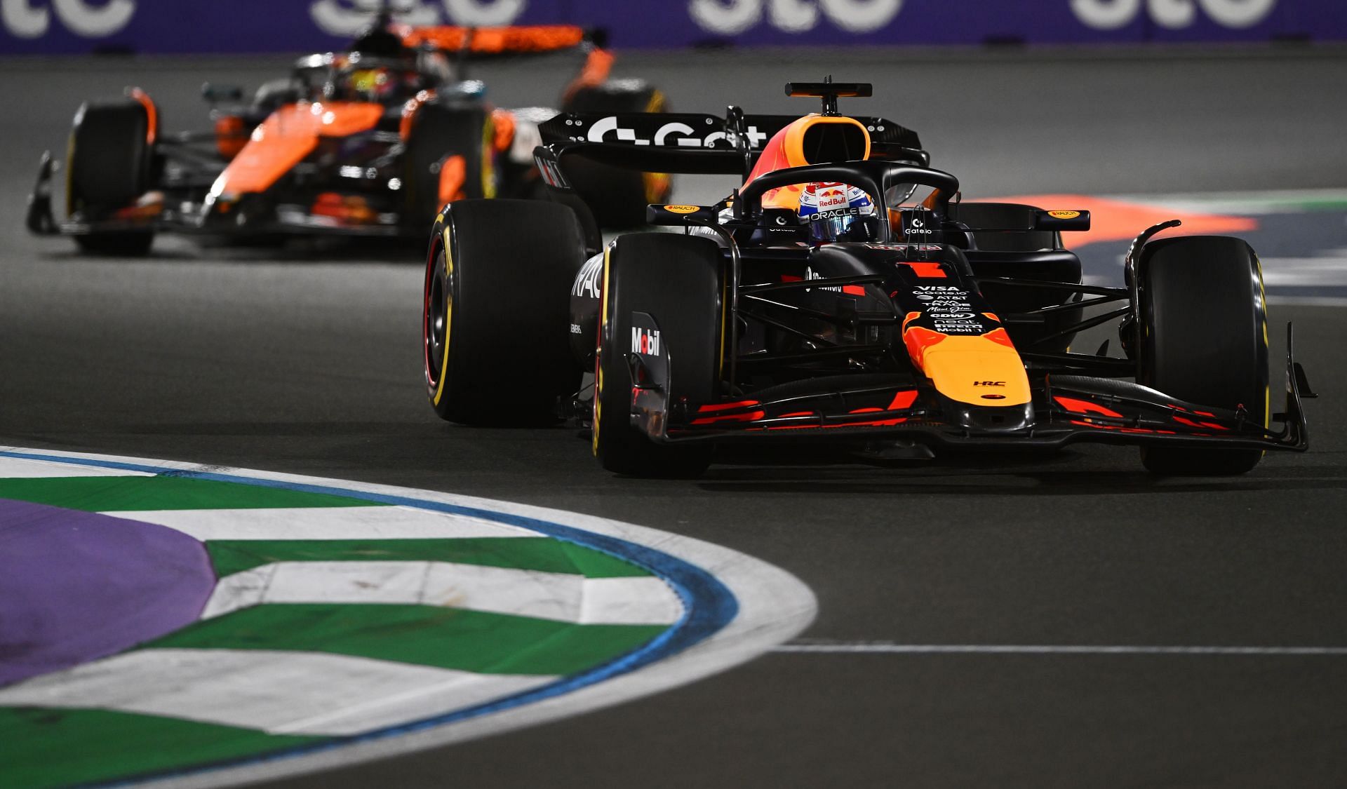 Max Verstappen leading Oscar Piastri in the early stages of the Saudi Arabian Grand Prix - Source: Getty