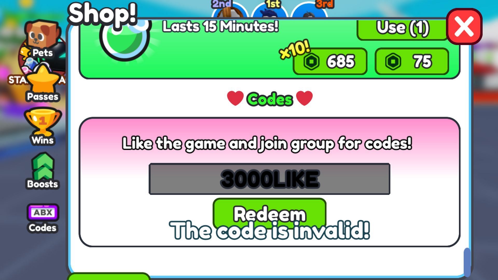 Enter the codes exactly as provided to avoid errors (Image via Roblox)