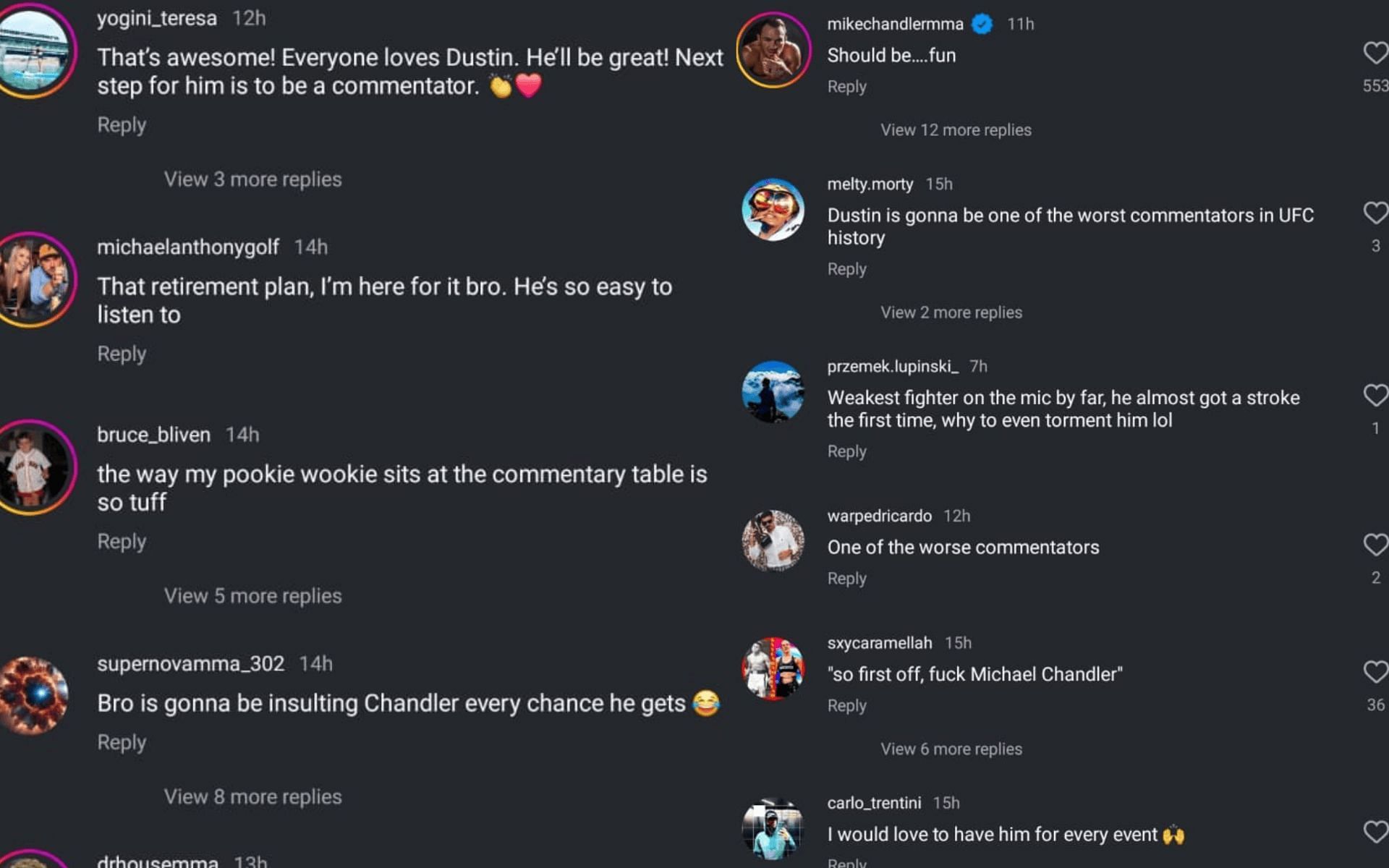 Fan reactions to Dustin Poirier&#039;s announcement as desk analyst for UFC 314. [Screenshots courtesy: @mmajunkie on Instagram]