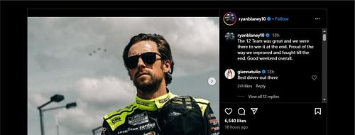 Gianna comments on Ryan Blaney's post on April 8. Source: Screenshot via @ryanblaney10 on Instagram