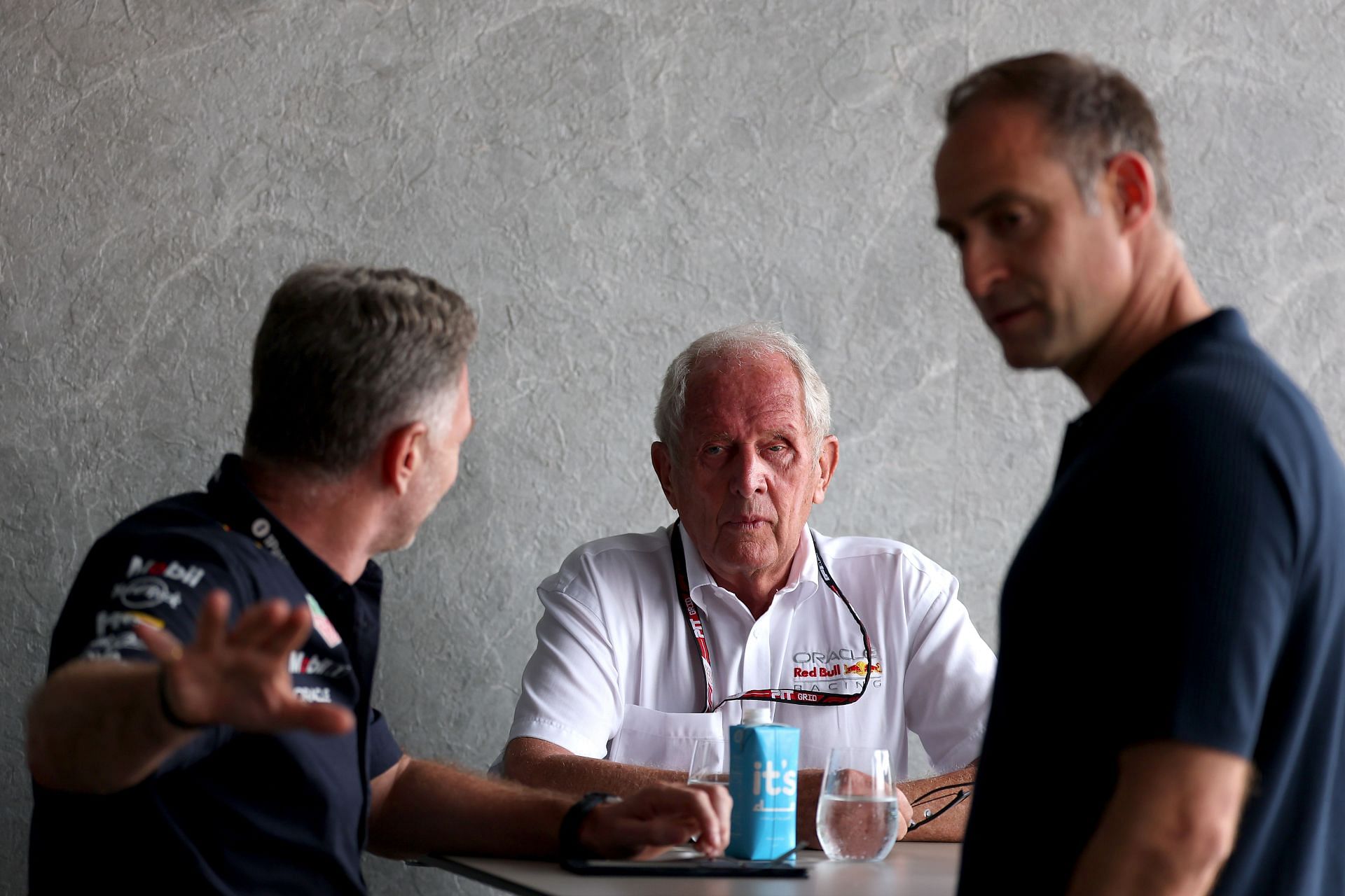 Christian Horner &amp; Helmut Marko joined by Red Bull GmbH managing director Oliver Mintzlaff at the Saudi Arabian GP - Source: Getty