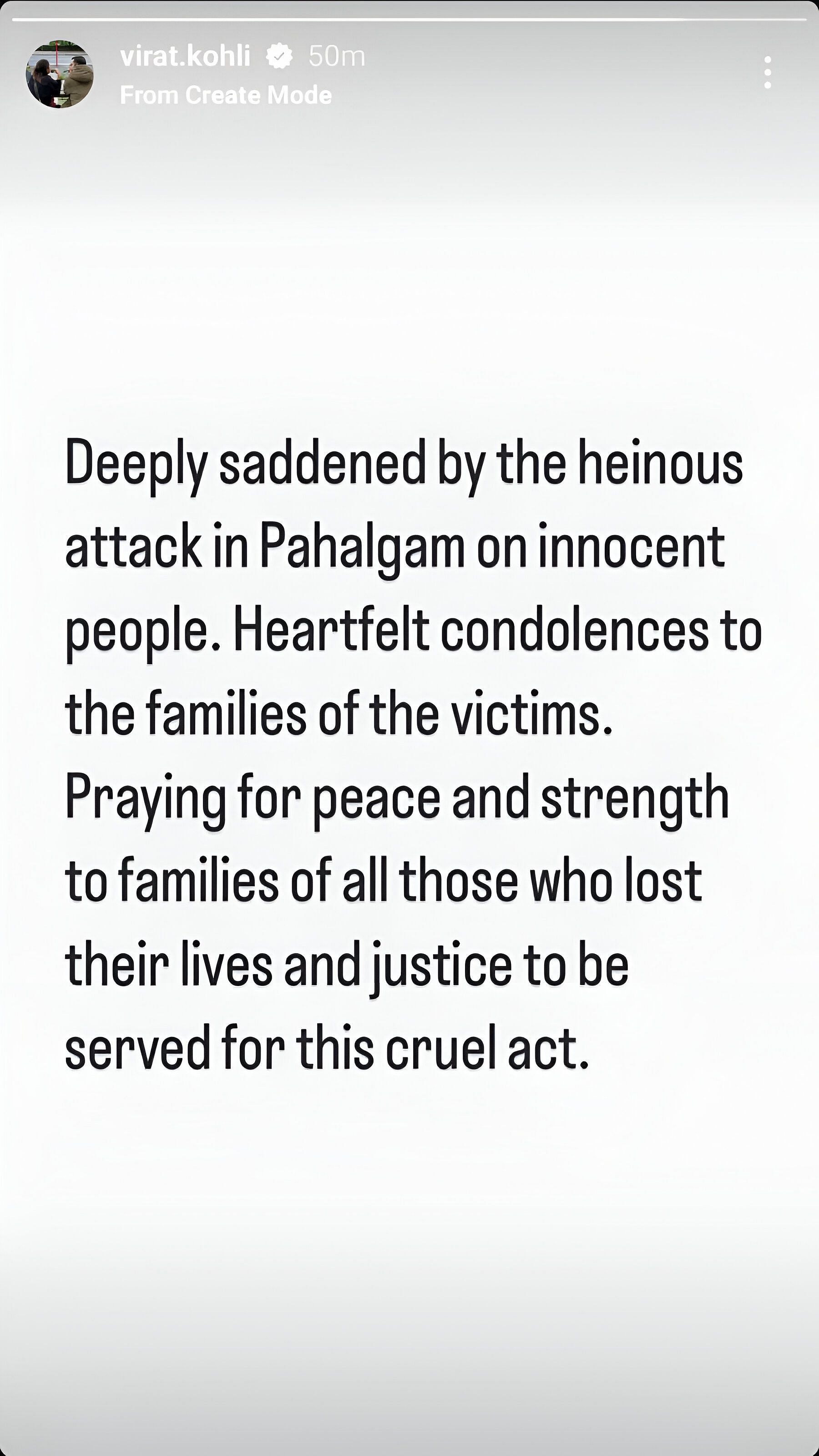 Screenshot of Virat Kohli's story after Pahalgam attack - Source: Virat Kohli/IG