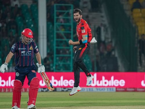 Shaheen Shah Afridi celebrates a wicket. (Credits: PSL X)