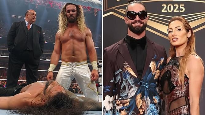 Becky Lynch reacts after Seth Rollins shockingly aligns with Paul Heyman at WrestleMania 41