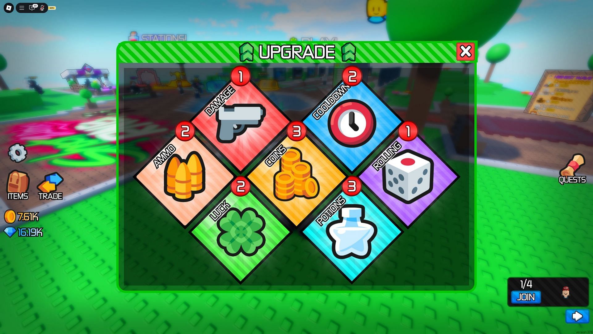 The upgrades menu in Zombies RNG (Image via Roblox)