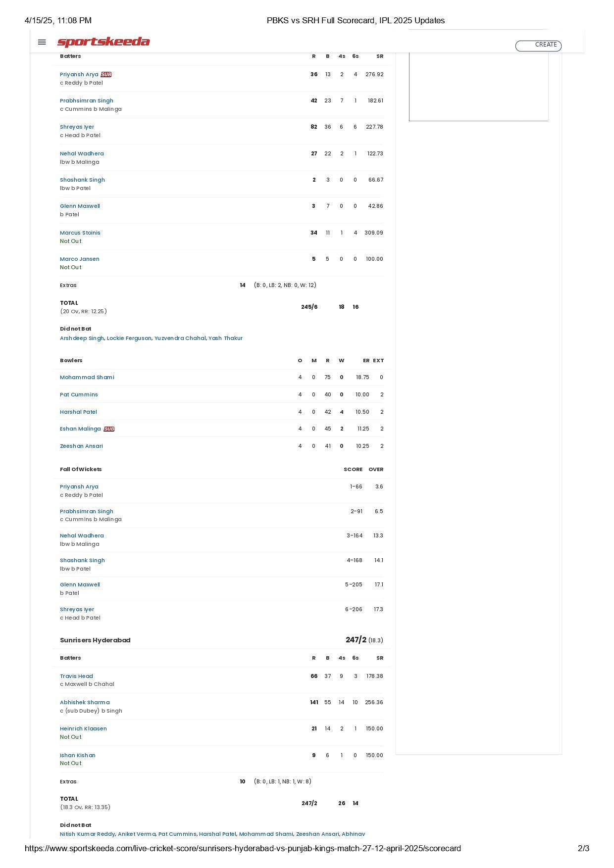 SRH vs PBKS 2025 scorecard.