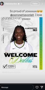Shelomi Sanders reacts to Aaronette Vonleh's WNBA draft pick (Image credits: shelomisanders/instagram)