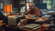 Paul Giamatti’s character sits amidst analog gear and vinyl records in Eulogy, an episode from Black Mirror season 7. (Image via Netflix)