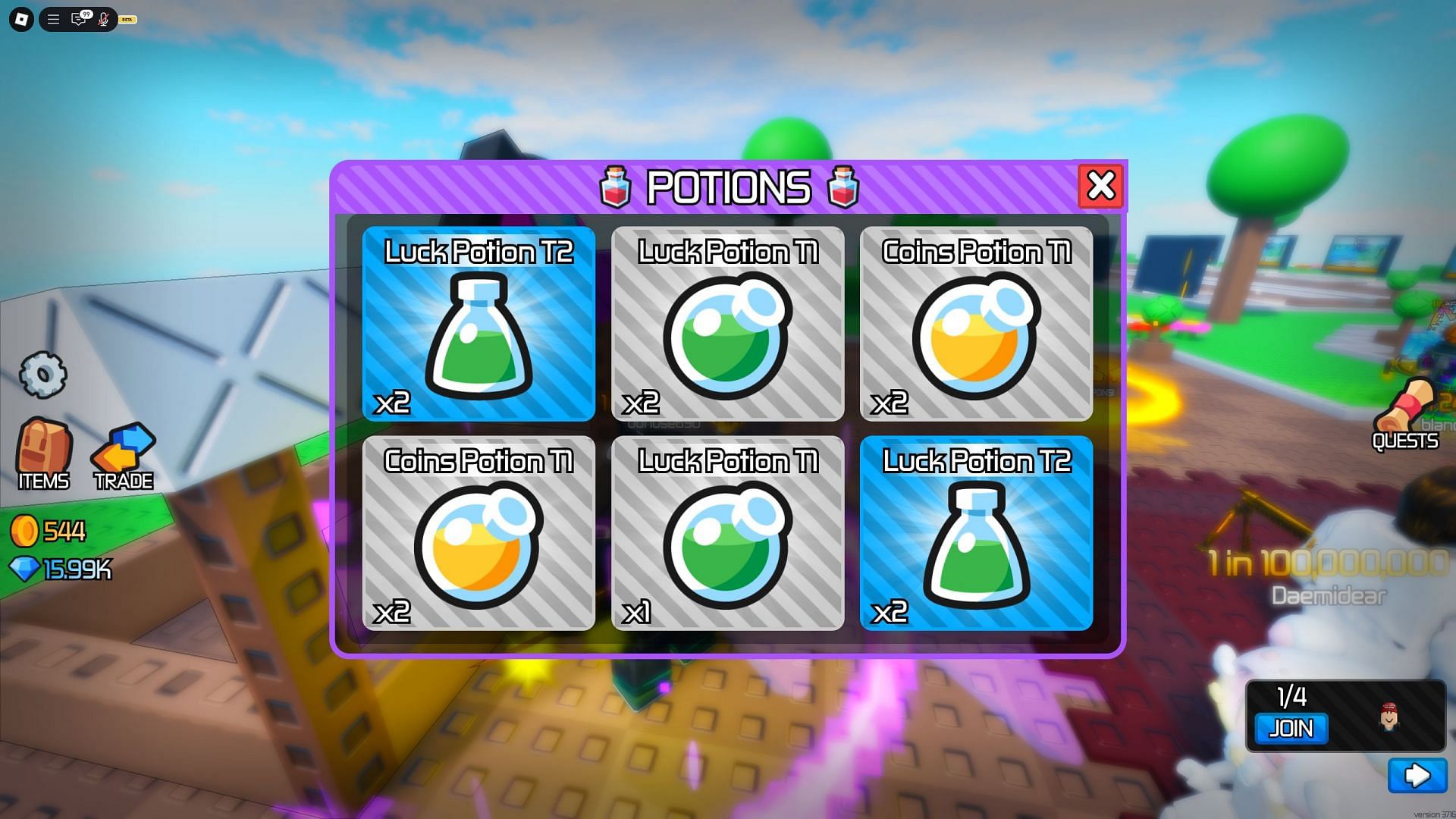 The potions menu in Zombies RNG (Image via Roblox)