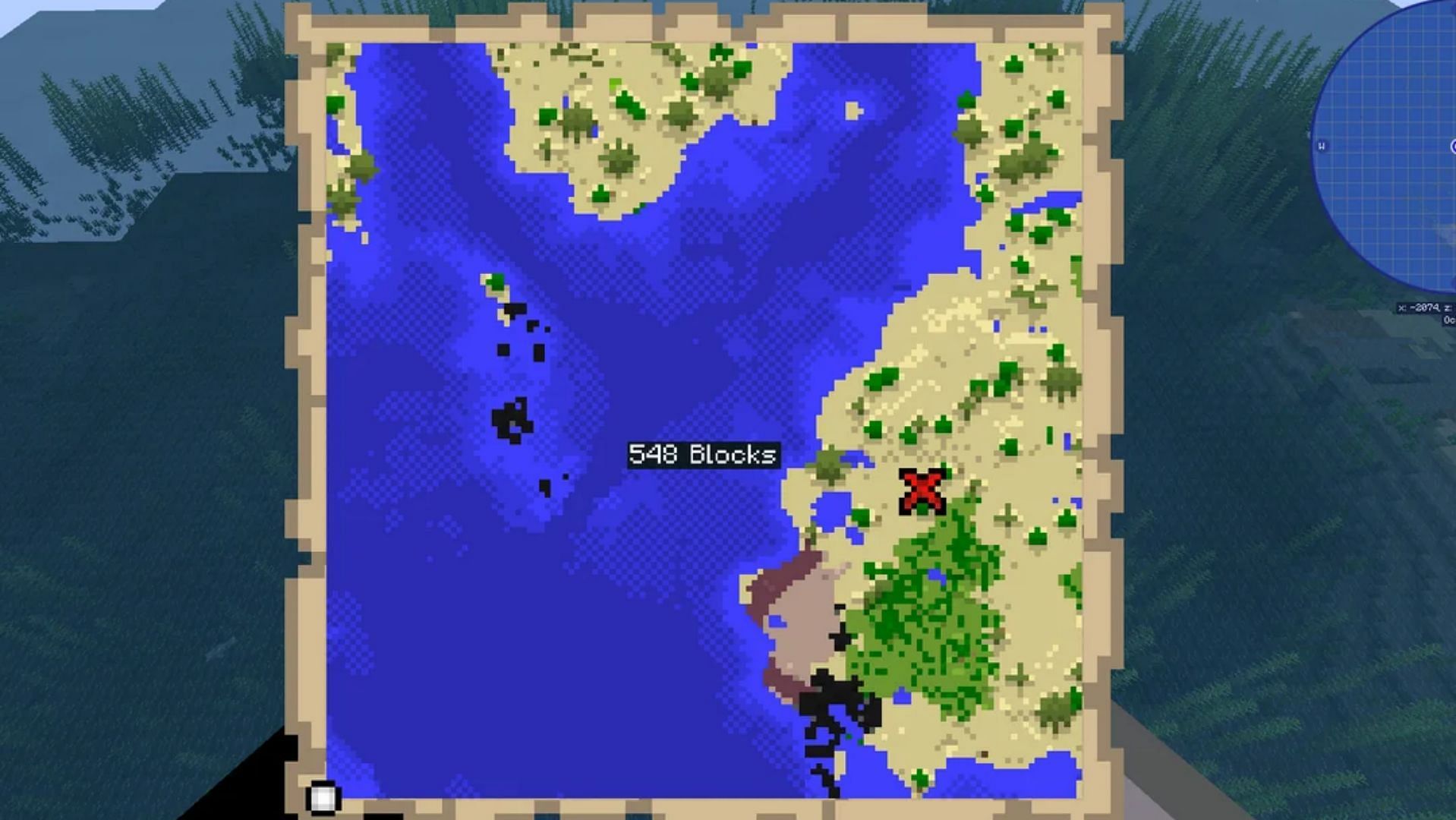 Better Treasure map mod shows how many blocks players are away from the treasure chest. (Image via Mojang Studios || Reddit/Professional_Mess888)