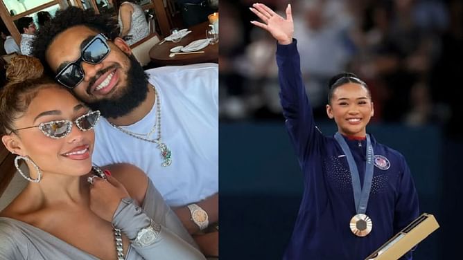 Karl Anthony-Towns' girlfriend Jordyn Woods, Olympic gold medalist Suni Lee marvel as New York City sky turns Knicks colors