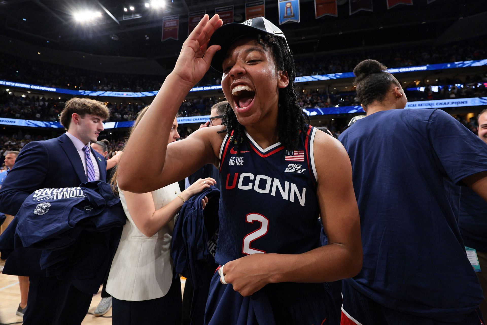 KK Arnold (#2) of the UConn Huskies reacts after defeating the South Carolina Gamecocks during the NCAA Division I Women&#039;s Basketball Championship game at Amalie Arena on April 6, 2025 in Tampa, Florida. Photo: Getty