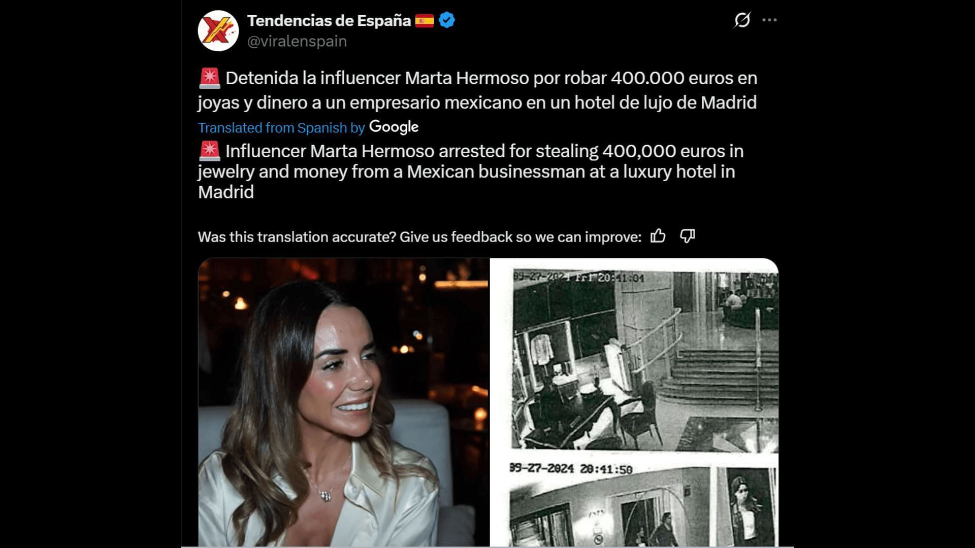 Hermoso is allegedly involved in a 2024 burglary in Madrid. (Image via X)