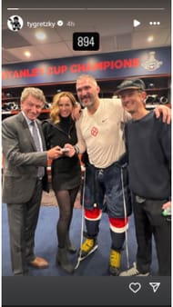 Ty Gretzky shared a picture of his family - including NHL icon Wayne Gretzky - meeting Alex Ovechkin after the latter tied Gretzky's all-time scoring record. (Credits: Instagram /@tygretzky)