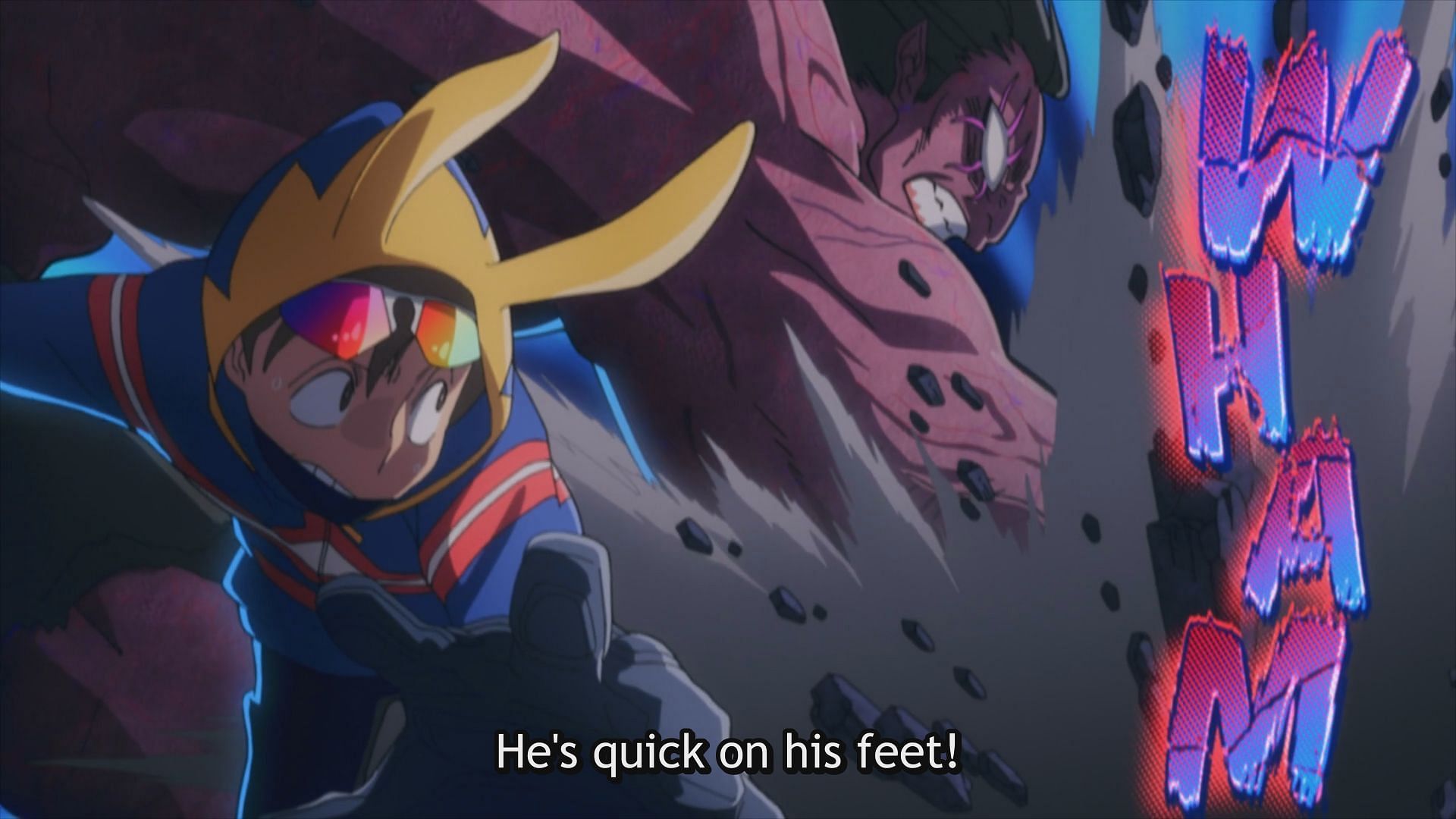Koichi saves a civilian from the instant villain (Image via Bones Film)