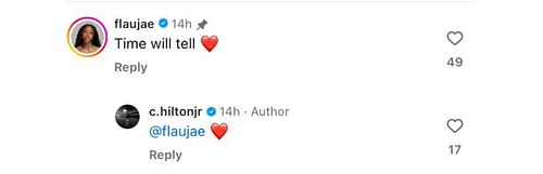 $1.5M NIL-valued Flau'jae Johnson drops 3-word reaction on BF Chris Hilton Jr.'s practice snaps on IG - Image source: Instagram/c.hiltonjr