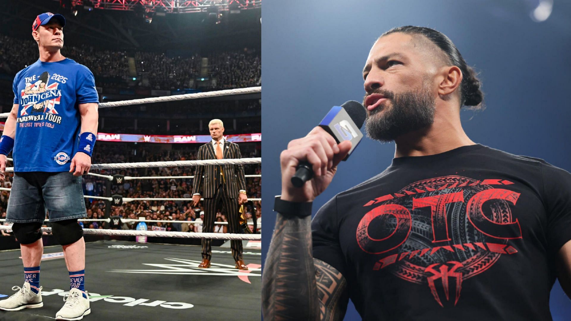 रोमन रेंस (दाएं) और जॉन सीना तथा कोडी रोड्स (बाएं) (Photos: WWE.com)