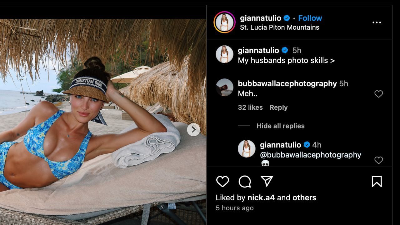 Bubba Wallace&#039;s comment on Gianna Tulio&#039;s post - Source: @bubbawallacephotography via @giannatulio on Instagram
