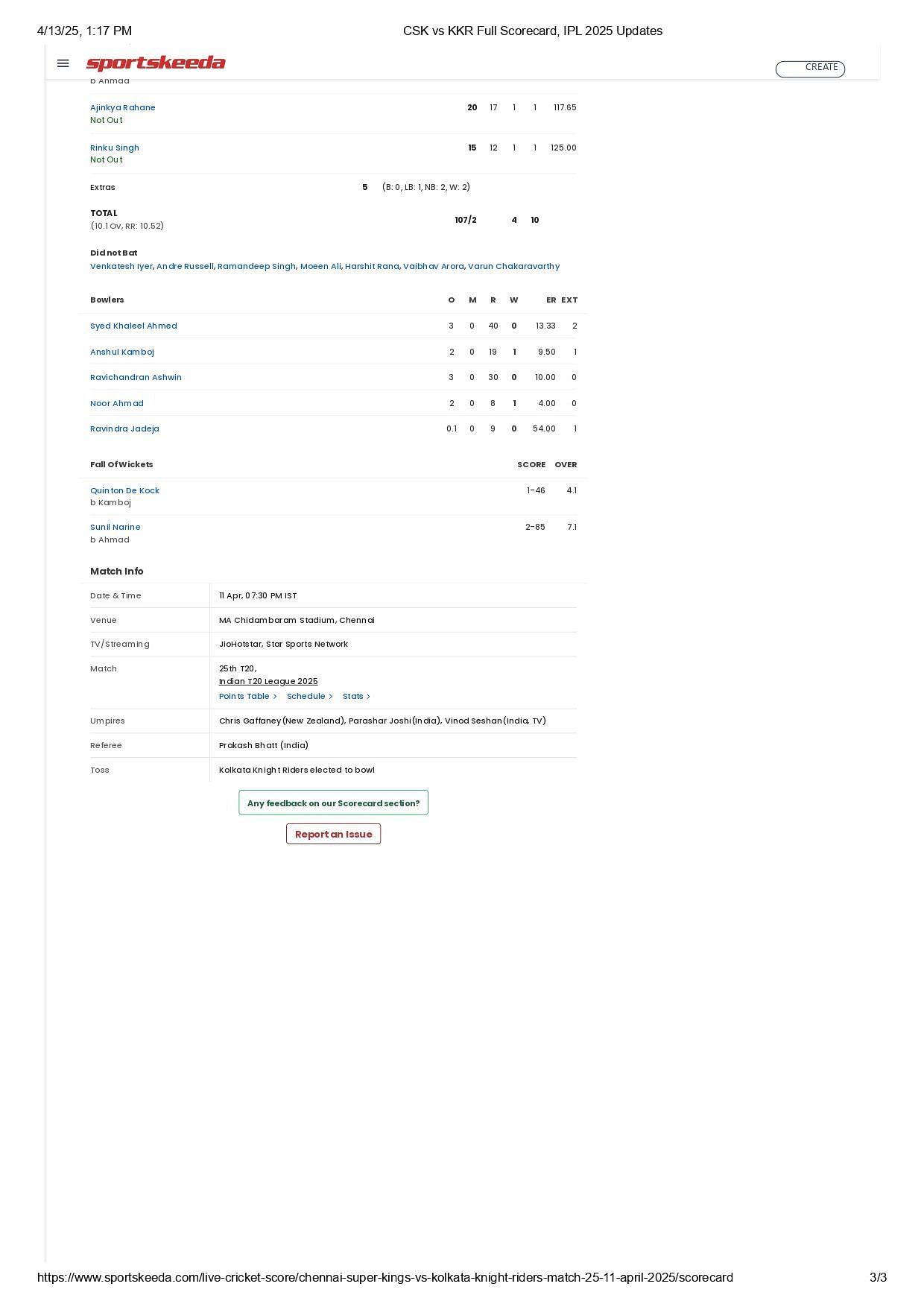 CSK vs KKR 2025 scorecard.