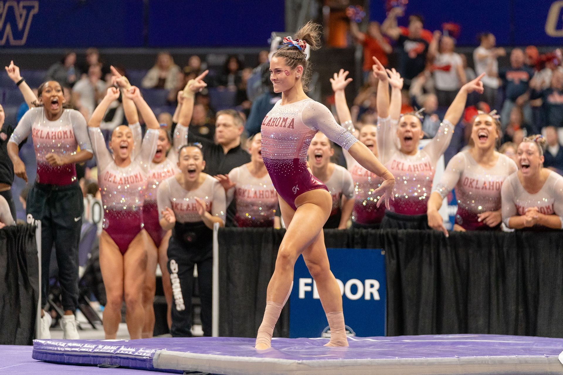 Jordan Bowers of the Oklahoma Sooners during the NCAA Seattle Regional gymnastics meet. (Photo by Getty Images)