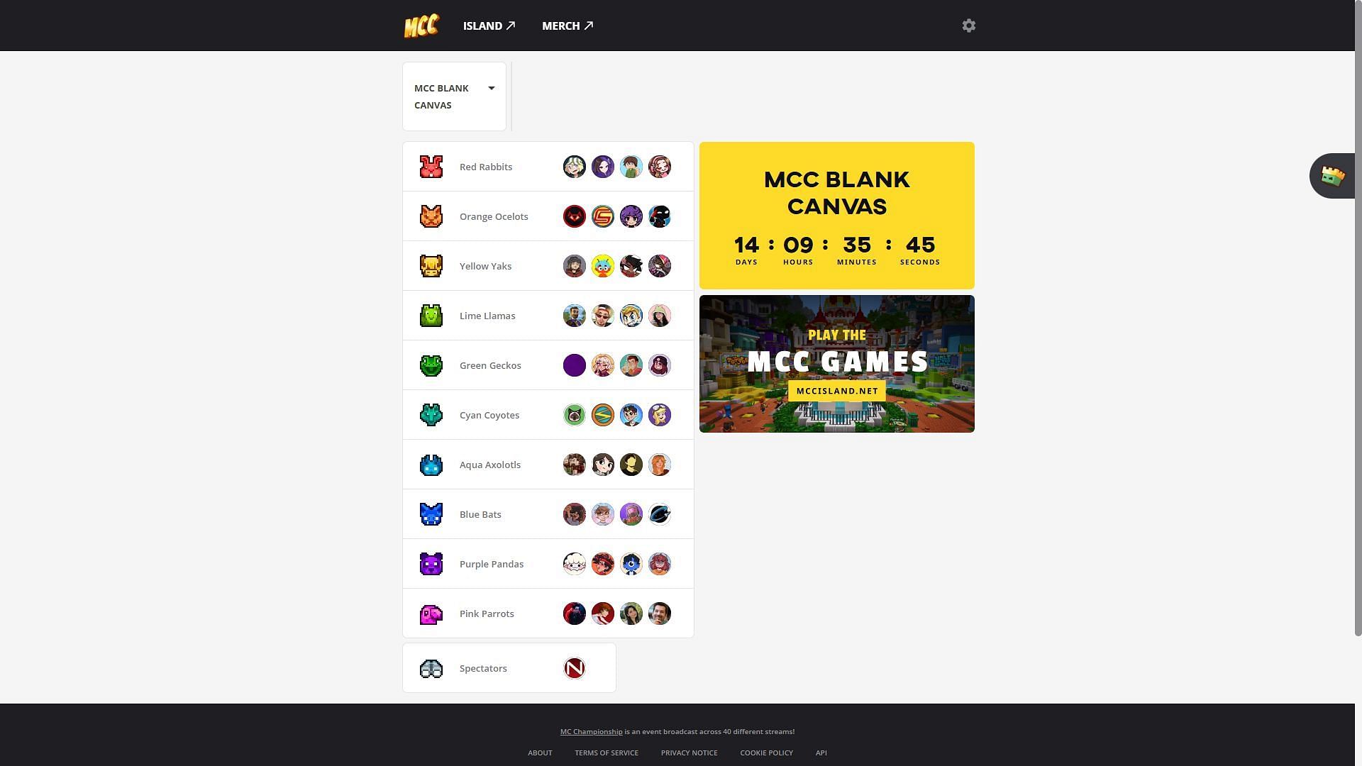 You can watch the Minecraft Championship (MCC) Blank Canvas from streamer links on the official MCC live website (Image via MCC.live)