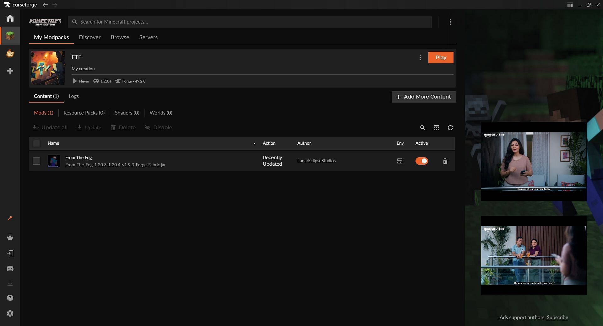 Install the mod using the Curseforge launcher (Image via Sportskeeda Gaming // Curseforge/Mojang Studios)