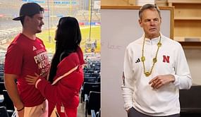 Harper Murray reacts as boyfriend Heinrich Haarberg takes a playful dig at former Nebraska Volleyball coach John Cook ahead of his match