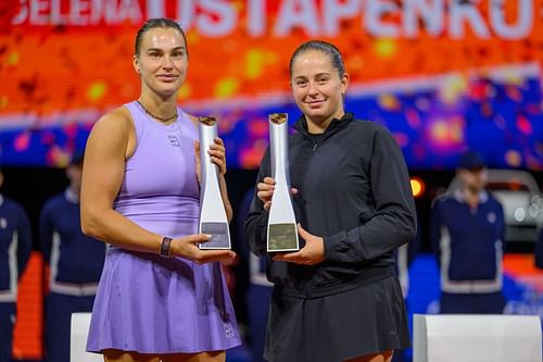 Aryna Sabalenka pictured with Jelena Ostapenko at Porsche Tennis Grand Prix 2025 - Image Source: Getty