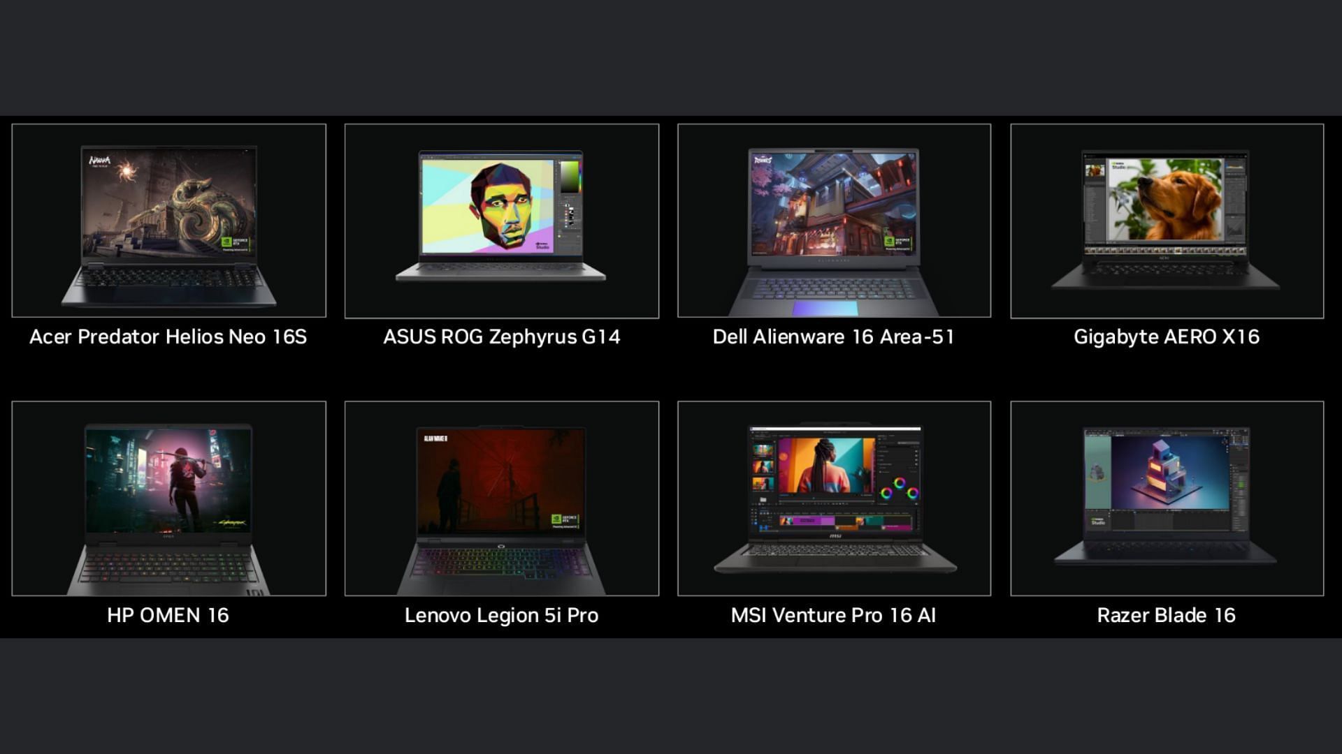 Eight laptops with the RTX 5060 Ti placed side by side