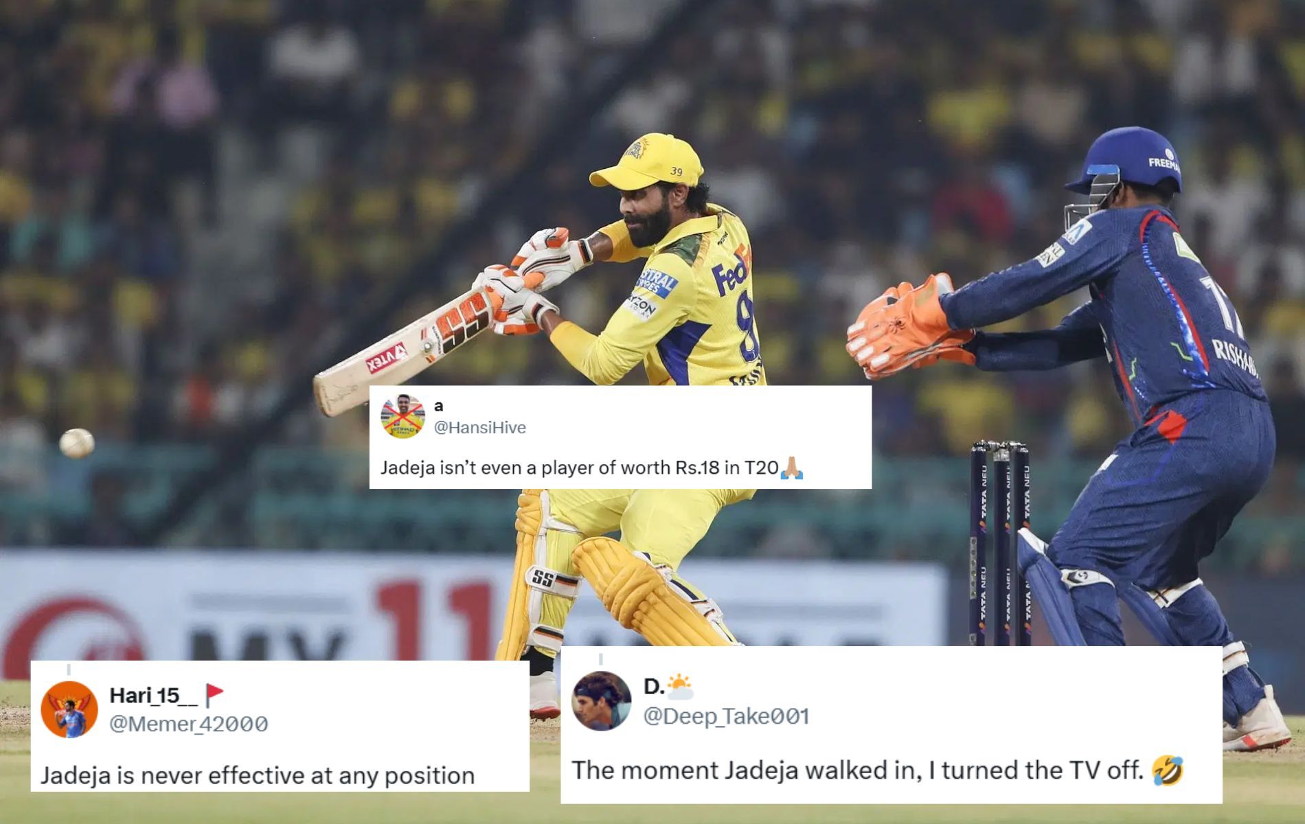 "Isn’t even a player of worth Rs.18 in T20" - Fans slam Ravindra Jadeja for untimely dismissal in LSG vs CSK IPL 2025 clash