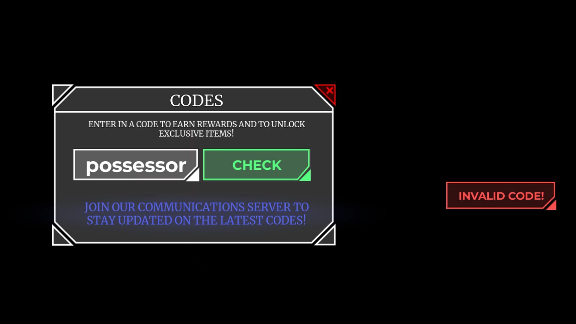 The &quot;Invalid Code&quot; error in Possessor (Image via Roblox)