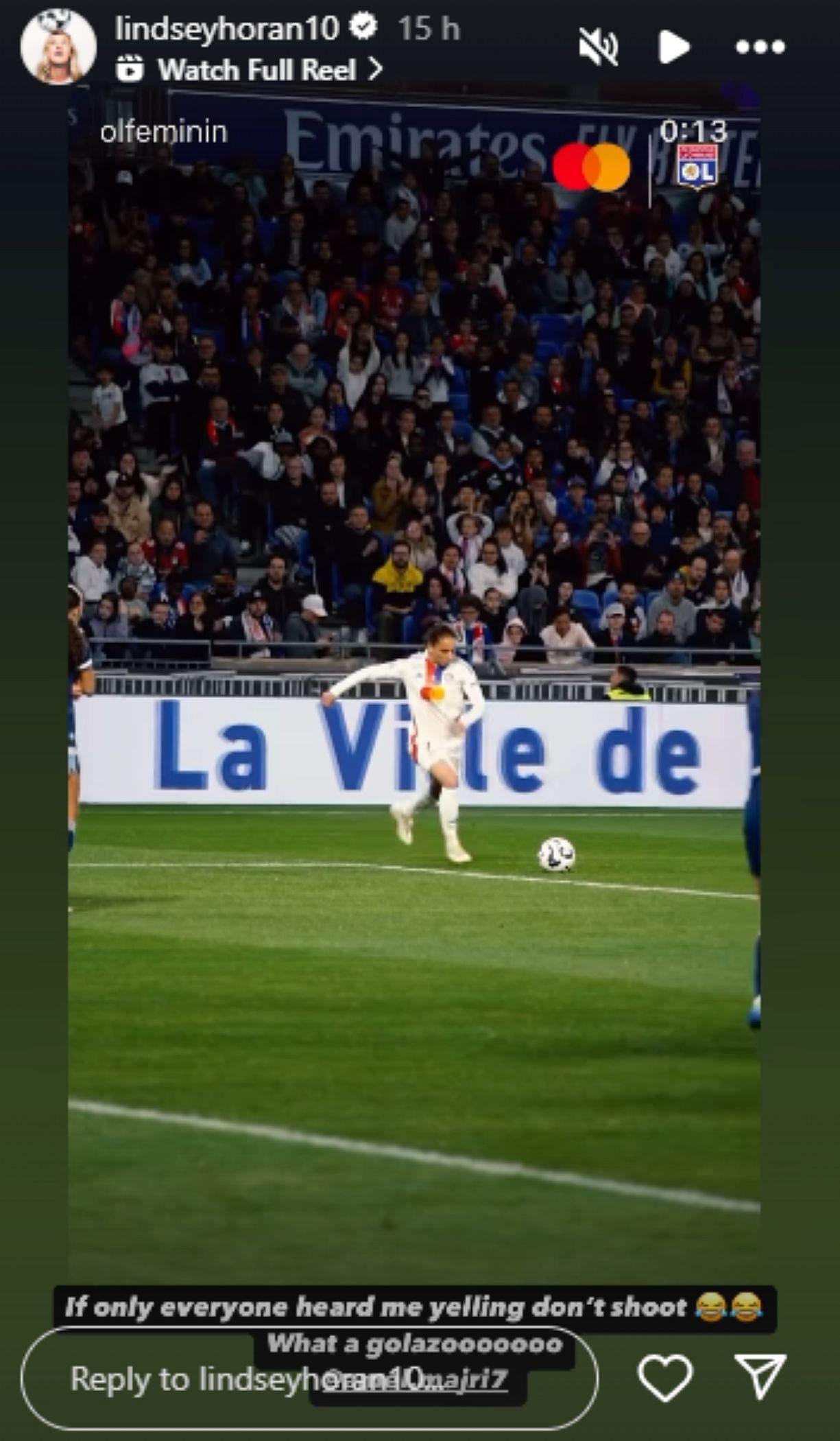 Screengrab of Lindsey Horan&#039;s reaction to Amel Majri&#039;s goal [Image Source: Lindsey Horan&#039;s Instagram]