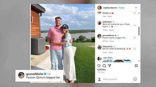 Gunnar Helm shares 4-word message for Quinn Ewers (Image Credit: Madelyn Barnes/IG)