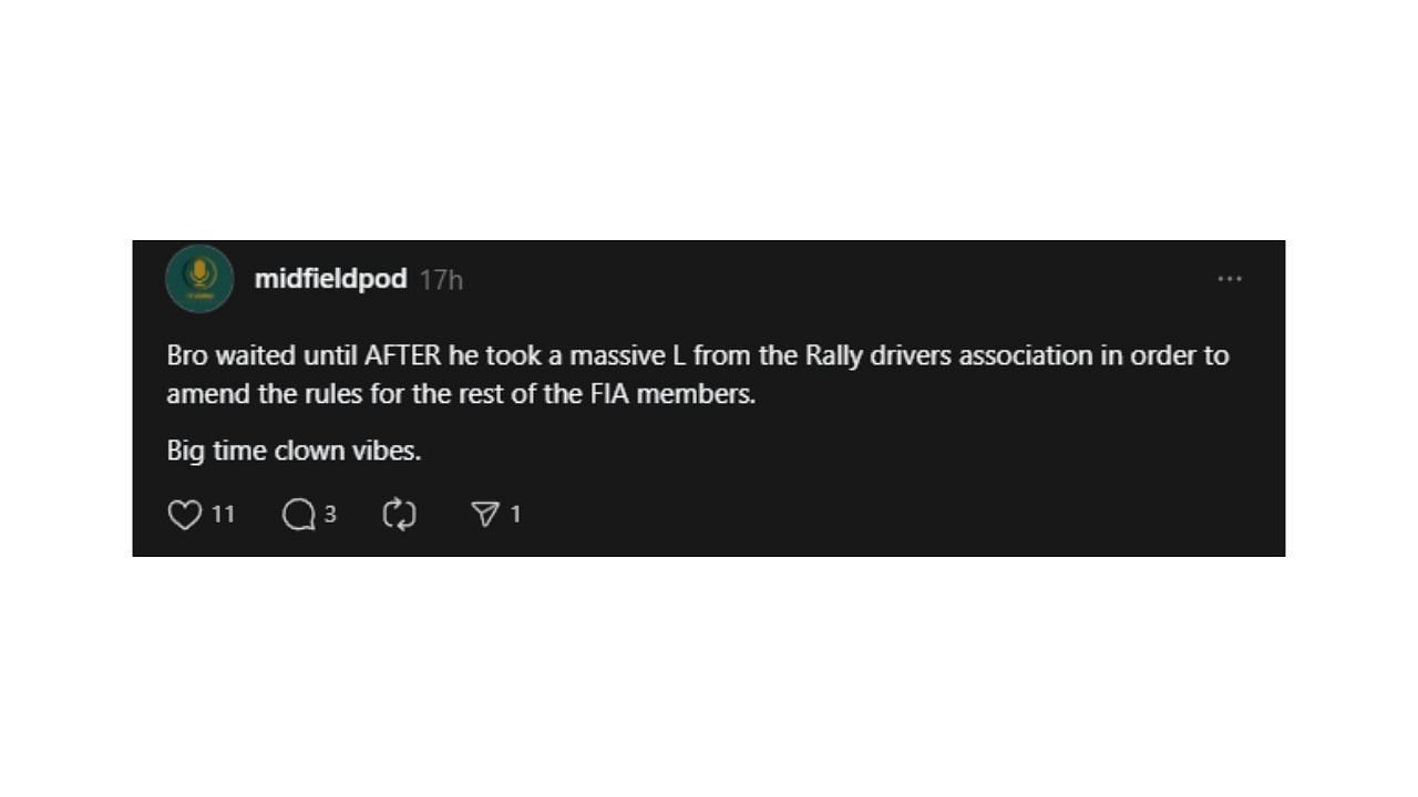 Fans comment on Mohammed Ben Sulayem&#039;s statements (@midfieldpod on Threads)