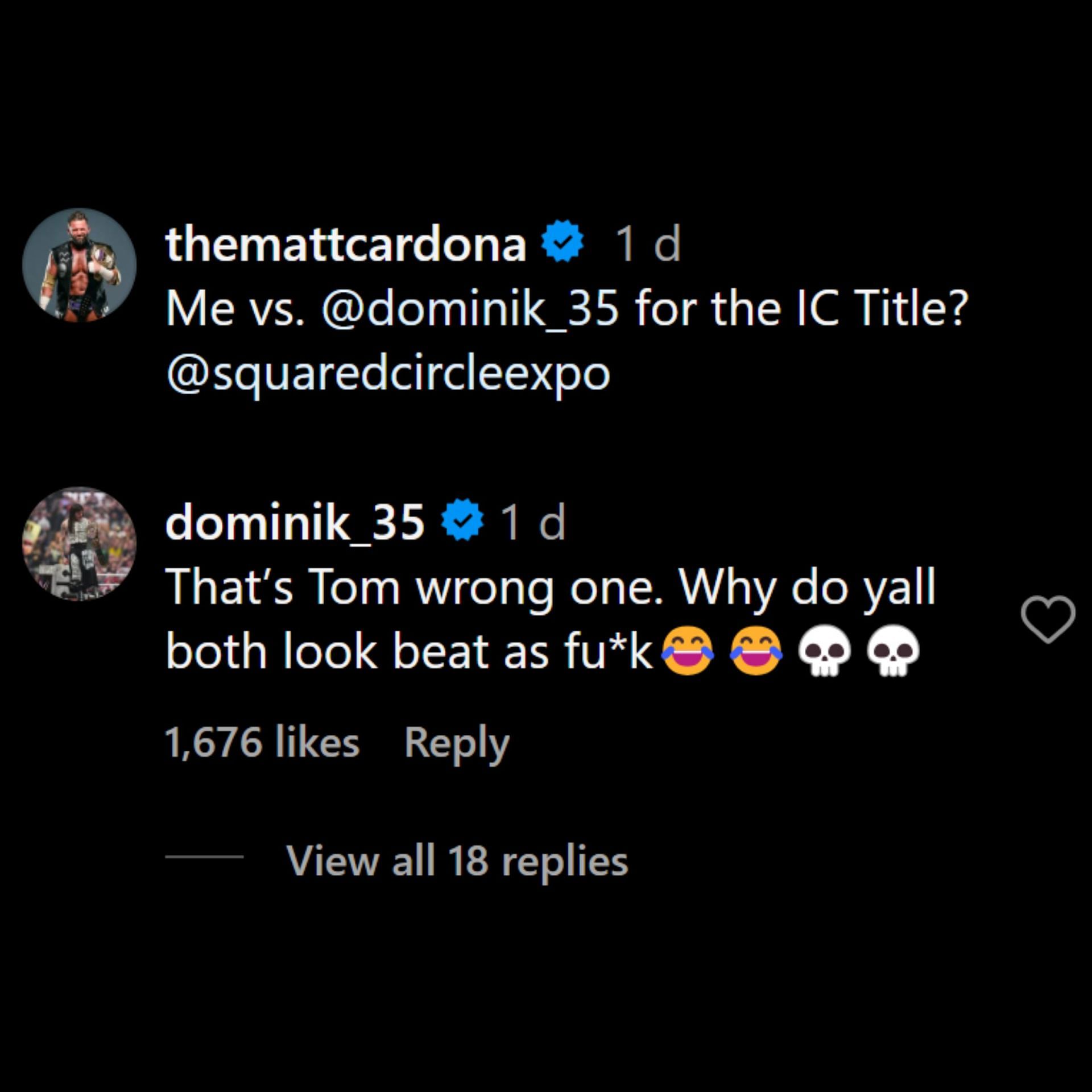 Dominik Mysterio posts a hilarious comment. [Picture Courtesy: Matt Cardona&#039;s Instagram post]