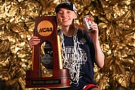 Paige Bueckers (#5) of the UConn Huskies poses for a championship portrait after defeating the South Carolina Gamecocks during the Division I Women's Basketball Championship game at Amalie Arena on April 6, 2025 in Tampa, Florida. Photo: Getty