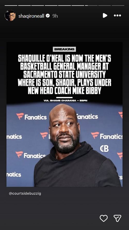 Shaqir hypes his father, Shaq, for his general manager role for the Hornets | @shaqironeall/ig