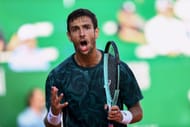 Lorenzo Musetti of Italy celebrates winning a point against Stefanos Tsitsipas of Greece in the Men's Singles Quarter Final match during day six of the Rolex Monte-Carlo Masters. Source: Getty