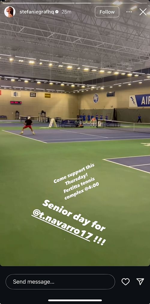 Steffi Graf drawing attention to Thomas Navarro's upcoming college tennis senior day (Source: Instagram/stefaniegrafhq)