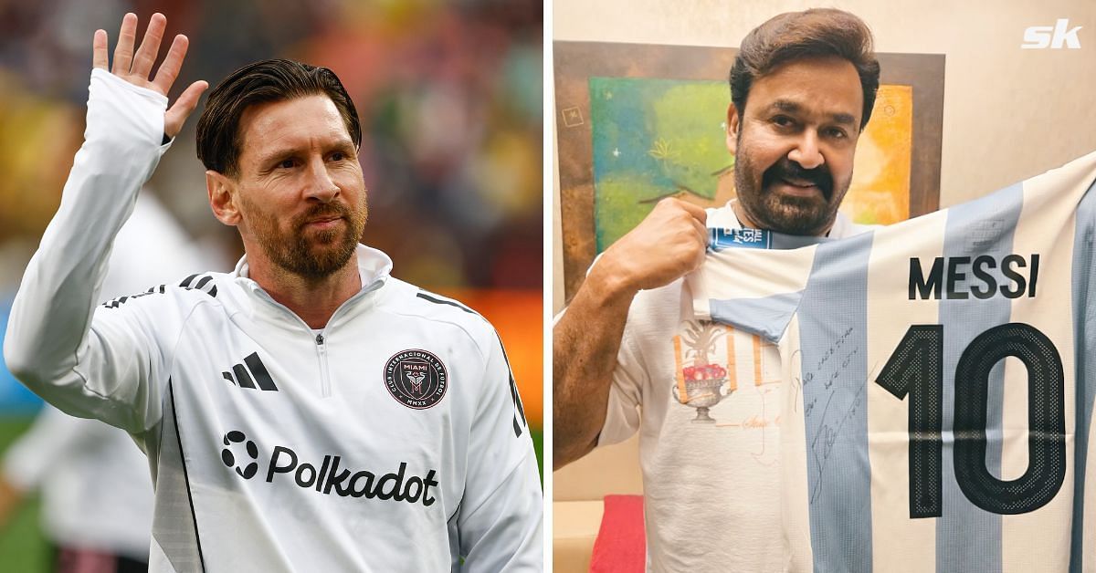 L to R: Lionel Messi and Mohanlal with his signed jersey (Image via Getty and Instagram/@mohanlal)