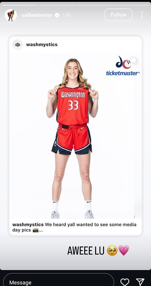 Callie Levin reacts to Lucy Olsen donning Mystics jersey (Image credits: Instagram/@callieelevin)